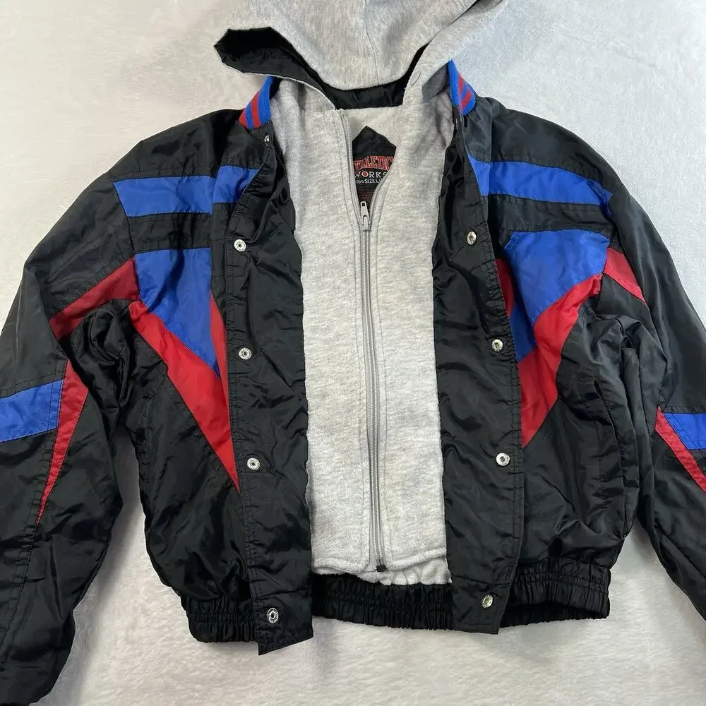 Vtg‎ 90s Athletic Boys L 14/16 Works Youth Jacket Layered Look Track Lined Black